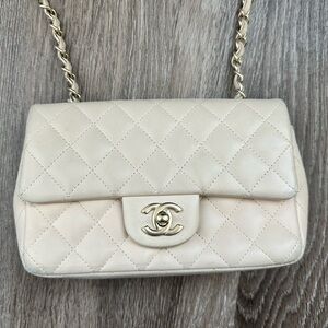 Chanel Rectangular Classic Mini Flap Bag Beige Lambskin Leather Gold Hardware